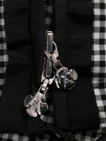 エムズグレイシー 019107 ジャケット 38 ブラック/ホワイト ギンガムチェック カメリアWジップ フード ITX7LUOBH9T2