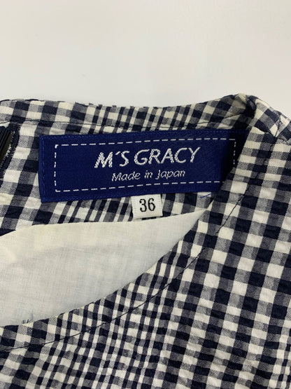 エムズグレイシー 811318 ワンピース 36 ネイビー カメリアジップ ギンガムチェック フリル ITRH7BCA0N60