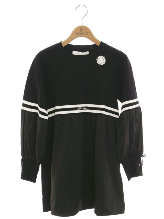 スーパービューティー ニットトップス 42 ブラック フェイクパール リボンチャーム付き 切替え ITUDT5LWAEQ4