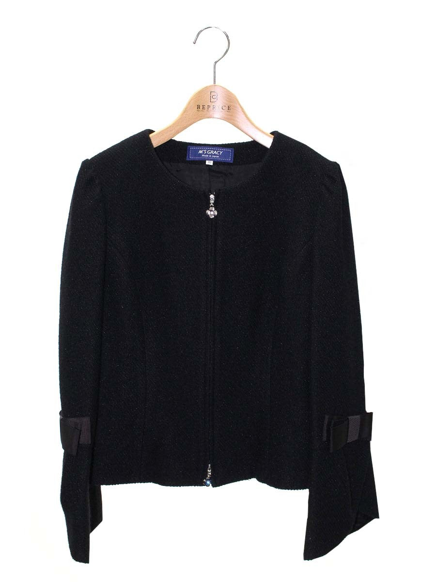 エムズグレイシー 724702 ジャケット 40 ブラック ウール リボン カメリアジップ ノーカラー IT8U5BQ9ZIX7