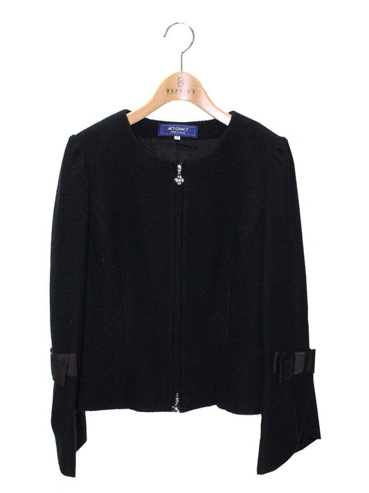 エムズグレイシー 724702 ジャケット 40 ブラック ウール リボン カメリアジップ ノーカラー IT8U5BQ9ZIX7