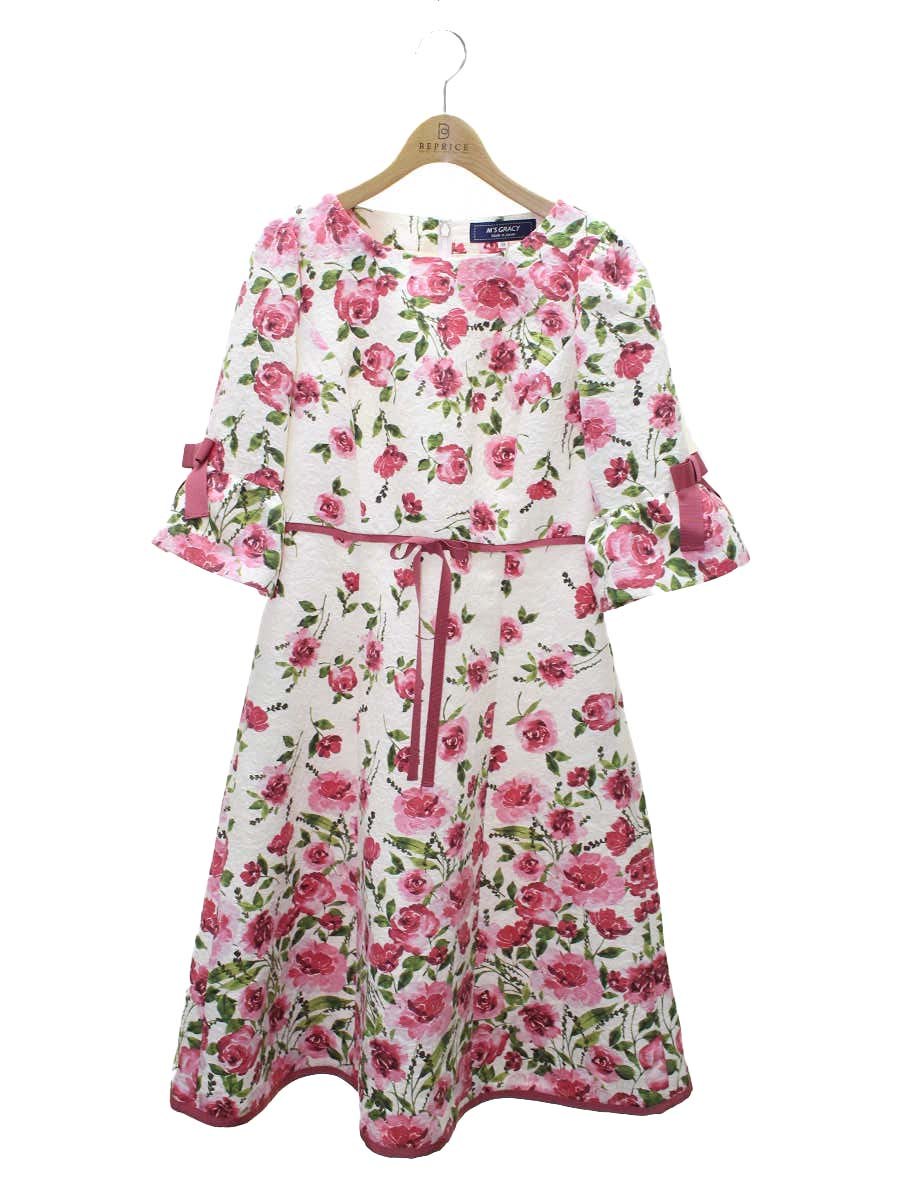 エムズグレイシー 211512 ワンピース 38 ホワイト ピンクローズドレス 花 リボン ITFL0VZTWOXS 【SALE】