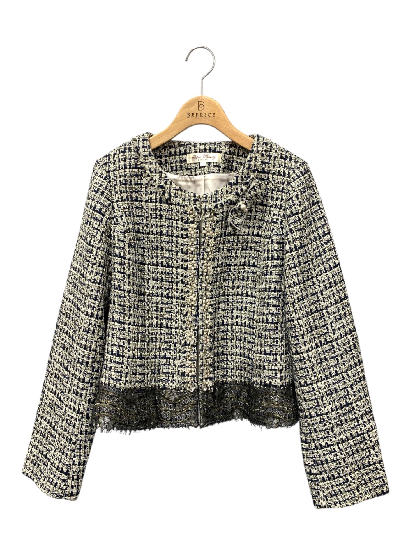 スーパービューティー ジャケット 42 ネイビー ノーカラー ツイード ITNPKKVSHJVA