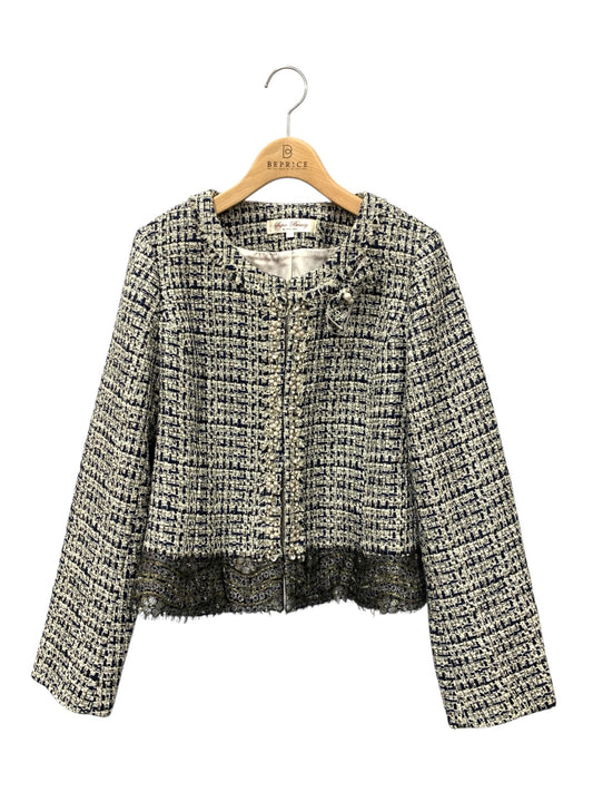 スーパービューティー ジャケット 42 ネイビー ノーカラー ツイード ITNPKKVSHJVA