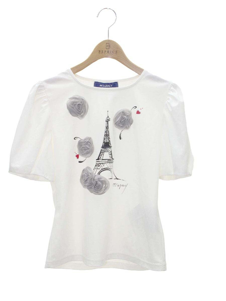 エムズグレイシー 415326 トップス 38 ホワイト エッフェル塔 ハート ラインストーン IT57V1HODSCW