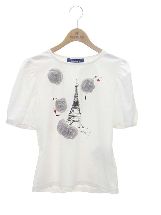 エムズグレイシー 415326 トップス 38 ホワイト エッフェル塔 ハート ラインストーン IT57V1HODSCW