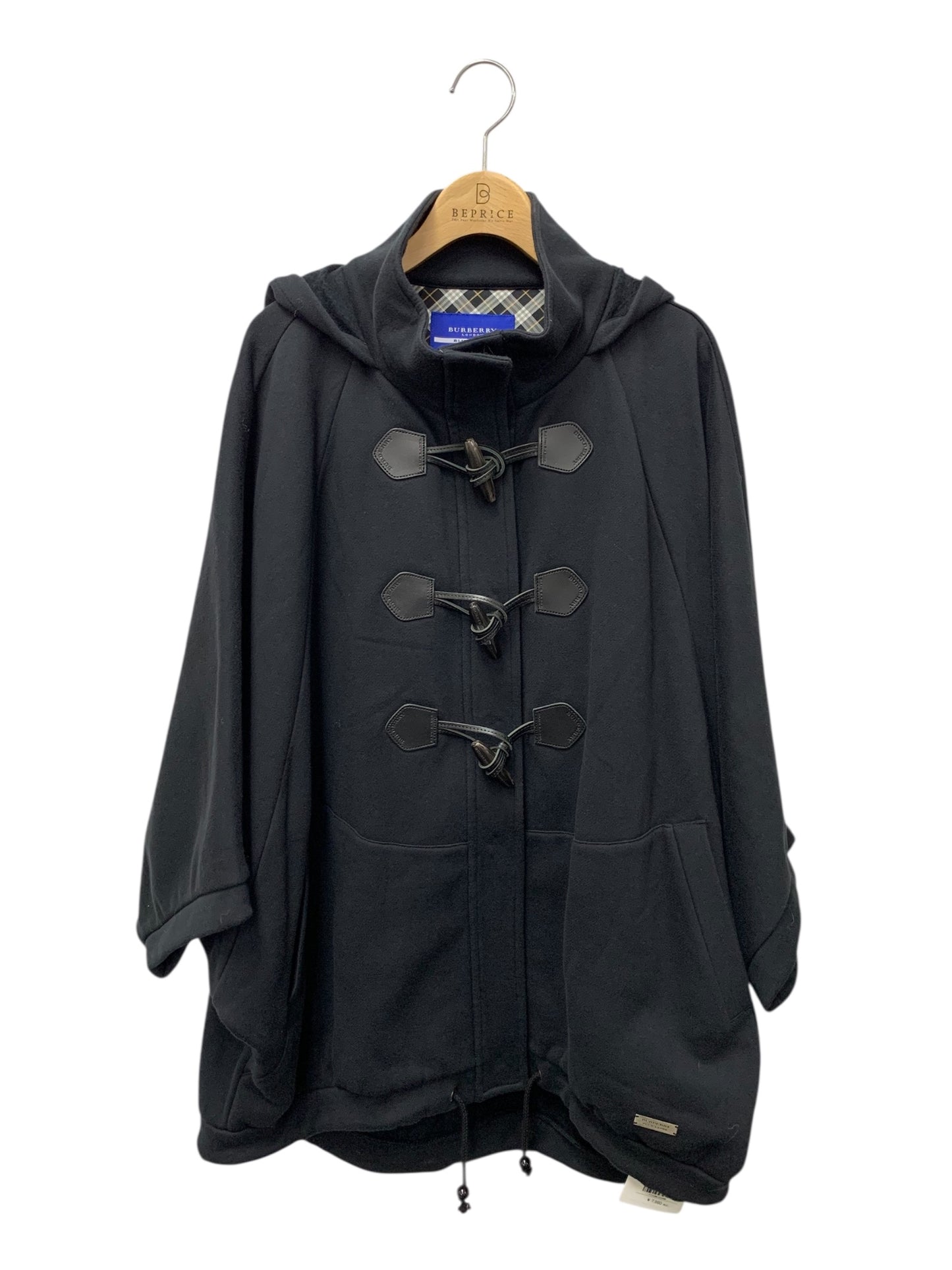 バーバリーブルーレーベル E191-685-09 ダッフルコート 38 ブラック レザー フード ドルマンスリーブ IT7CQMLGOD0M