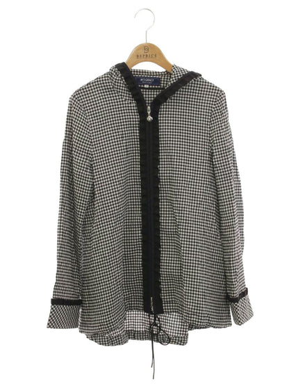 エムズグレイシー 019107 ジャケット 38 ブラック/ホワイト ギンガムチェック カメリアWジップ フード ITX7LUOBH9T2