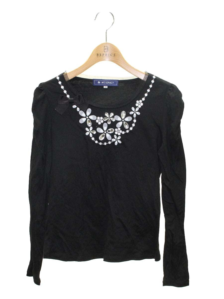 エムズグレイシー 525515 Tシャツ カットソー 38 ブラック フラワーモチーフ ビジュー IT16UL6YYL4E
