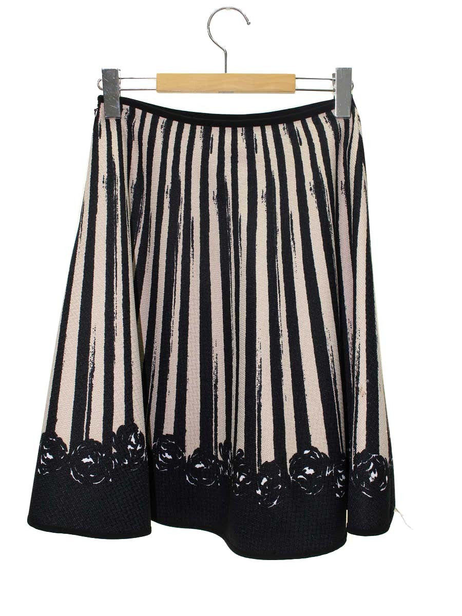 エムズグレイシー 527512 スカート 36 ベージュ/ブラック フラワーモチーフ ストライプ フレア IT7M3LZL5GIK