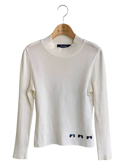 エムズグレイシー 018106 ニット 38 ホワイト リブ袖 ハイネック スパンコール リボンモチーフ ITGUFF2J3E4C