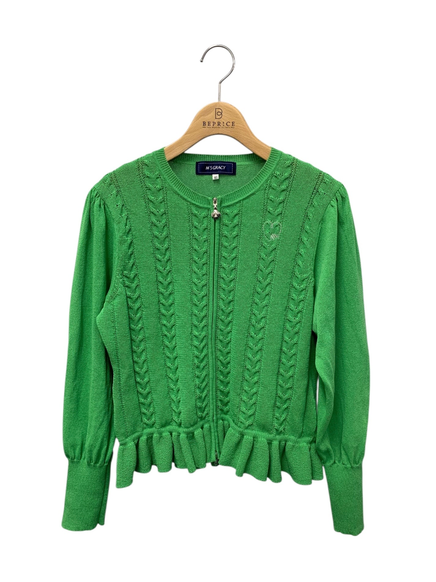 エムズグレイシー 318314 カーディガン 40 グリーン カメリアジップ ハート刺繍 ITL2YIEEMP7K