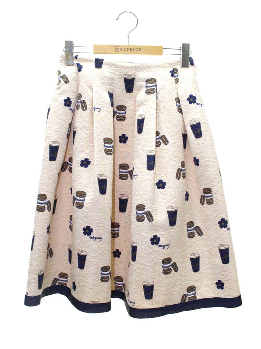 エムズグレイシー マカロン×コーヒーカップ×フラワーモチーフ付きタックスカート 217533 38 ベージュ IT1ZP2OT8JBE