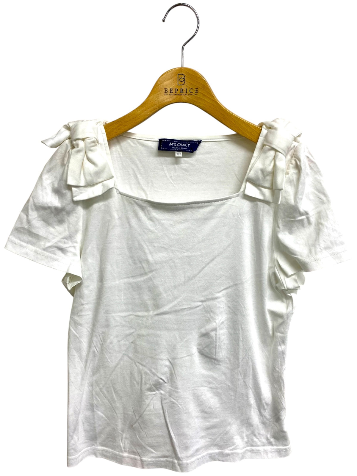 エムズグレイシー 015323 Tシャツ カットソー 40 ホワイト 肩リボン スクエアネック IT5VELDUEZDC