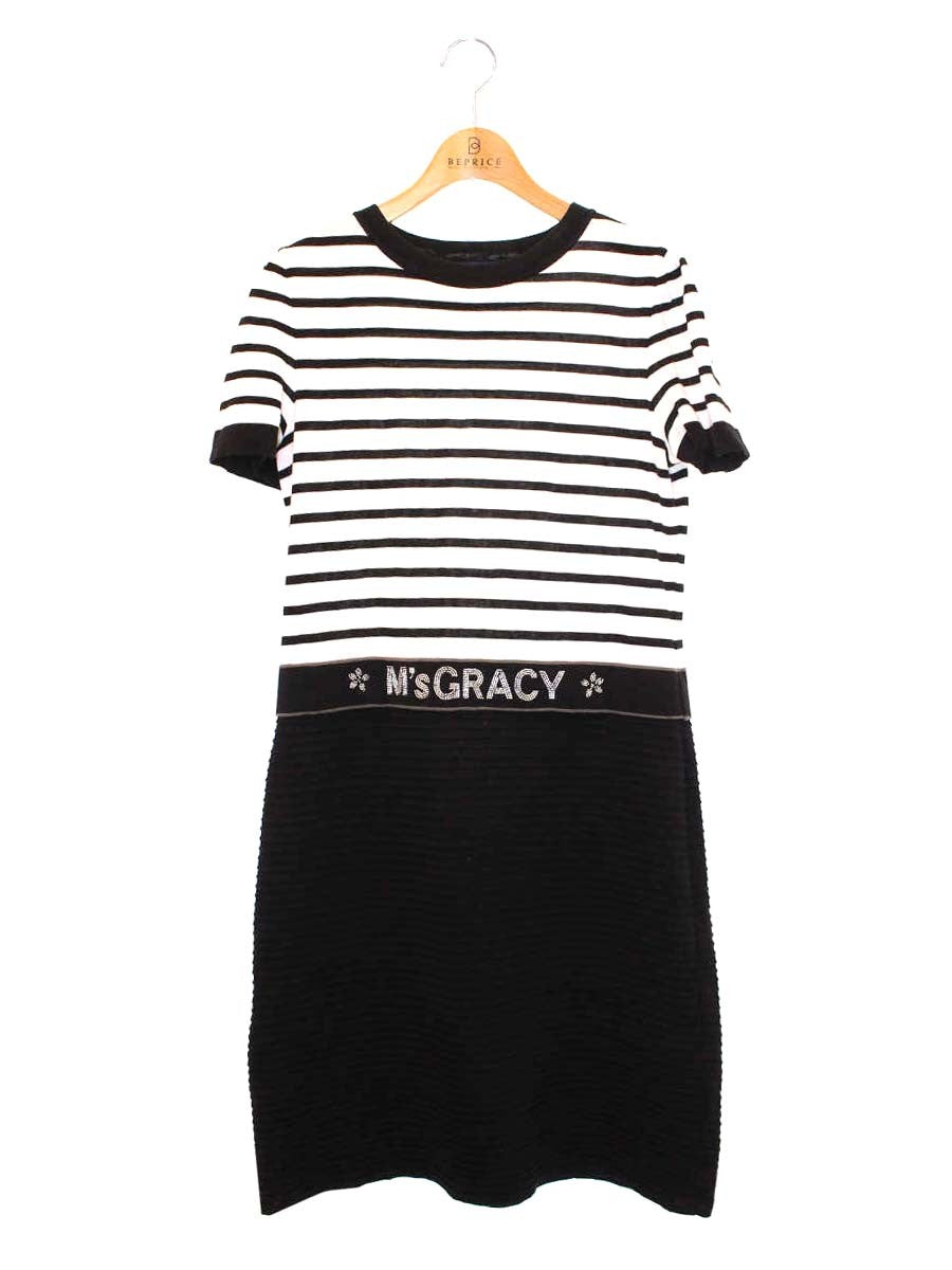 エムズグレイシー Border Knit One-piece  918320 ワンピース 40 ブラック ビーズロゴ ITQ234QGJWYO