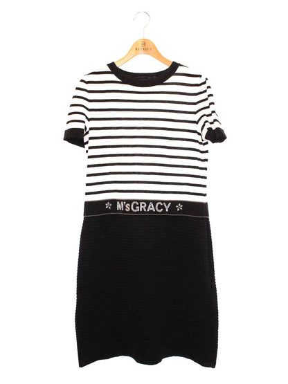 エムズグレイシー Border Knit One-piece  918320 ワンピース 40 ブラック ビーズロゴ ITQ234QGJWYO
