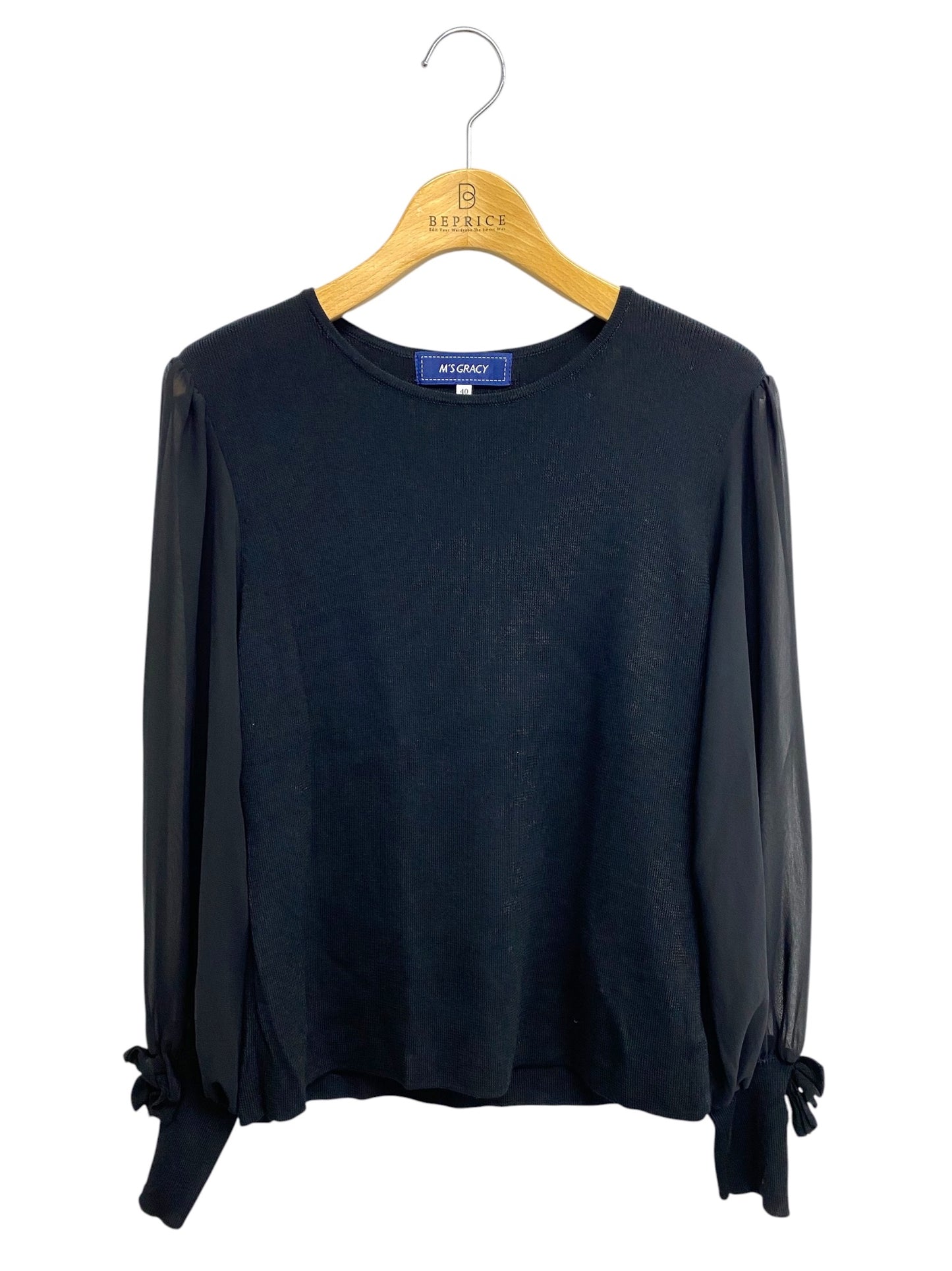 エムズグレイシー 918119 Tシャツ カットソー 40 ブラック 袖リボン シースルー ニット IT6667KBLA66
