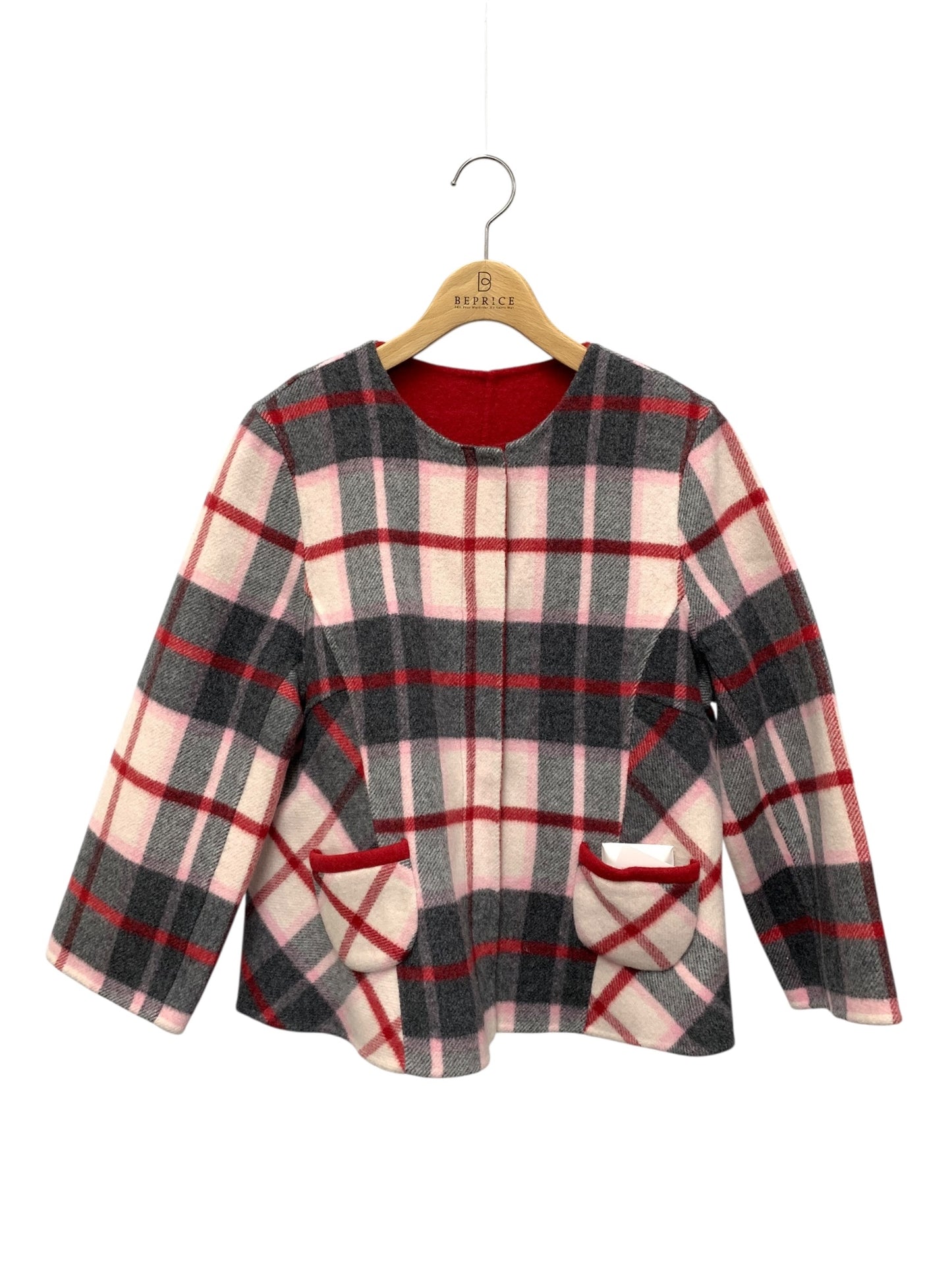 エムズグレイシー チェックｘ無地リバーシブルジャケット 214610 38 レッド ウール ITG0Y8NAIH9M