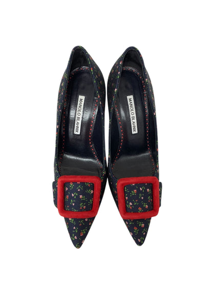 マノロブラニク 02WMAPBR0070 パンプス 36.5 ネイビー フラワーモチーフ 刺繍 ポインテッドトゥ ITH8Z76HISAS