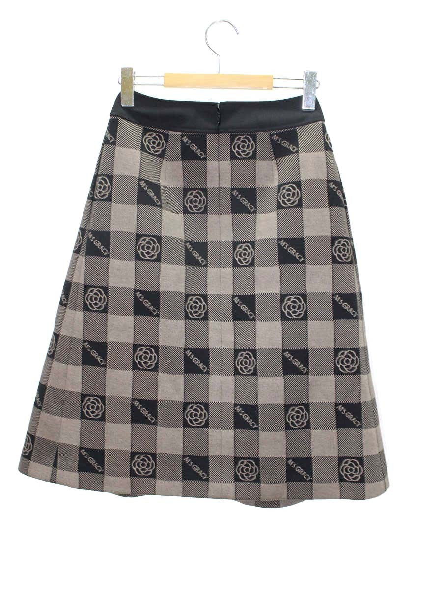 エムズグレイシー 417616 スカート 36 ブラウン カメリア柄 チェック タックフレア ITGP2P53MVK0