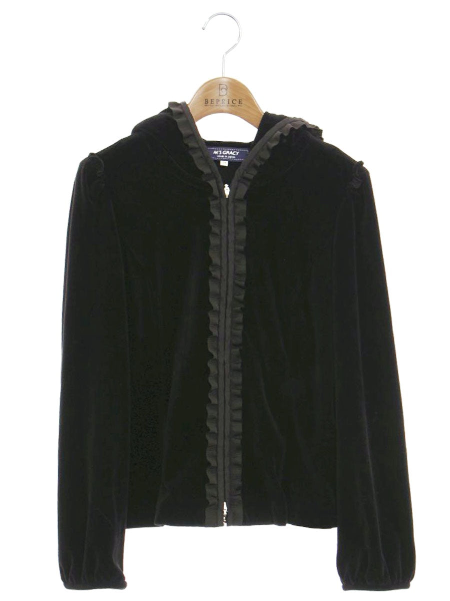 エムズグレイシー 014508 パーカー 38 ブラック フラワージップ フリル ベロア IT4WR1ILGB46