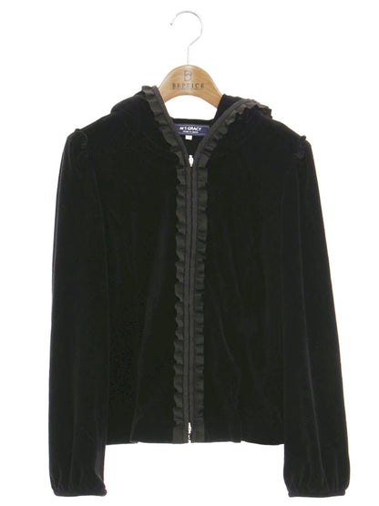 エムズグレイシー 014508 パーカー 38 ブラック フラワージップ フリル ベロア IT4WR1ILGB46