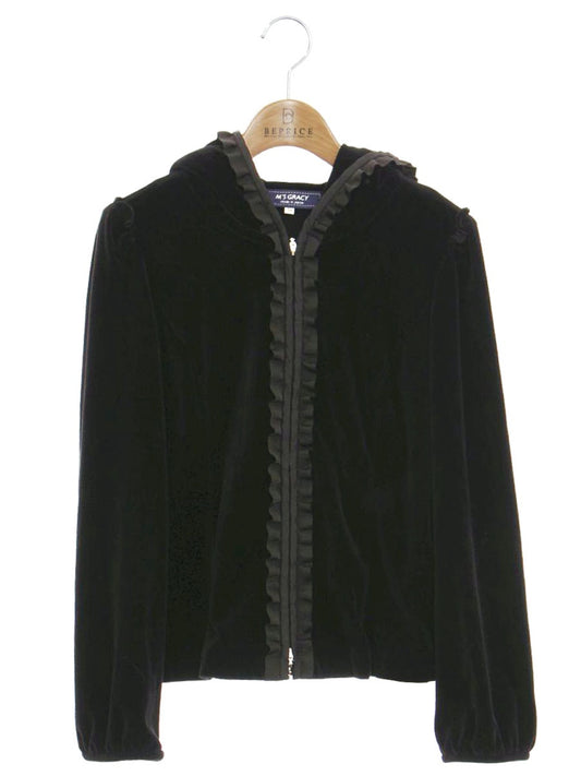 エムズグレイシー 014508 パーカー 38 ブラック フラワージップ フリル ベロア IT4WR1ILGB46