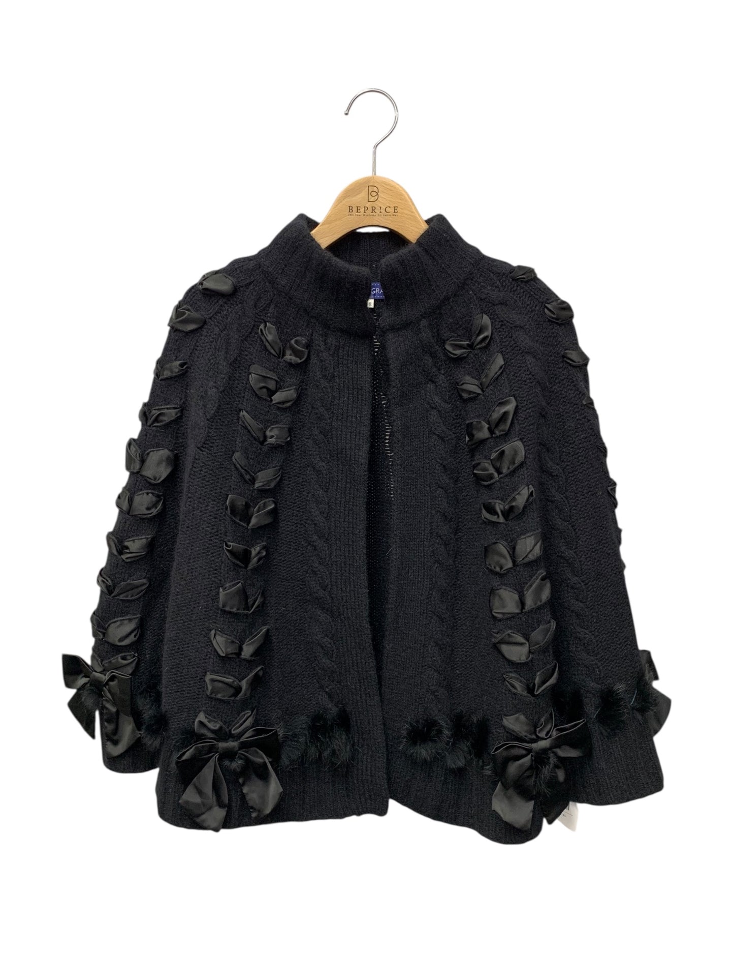 エムズグレイシー 028555 ポンチョ ブラック リボン ニット ファー ITW4G3E741RW