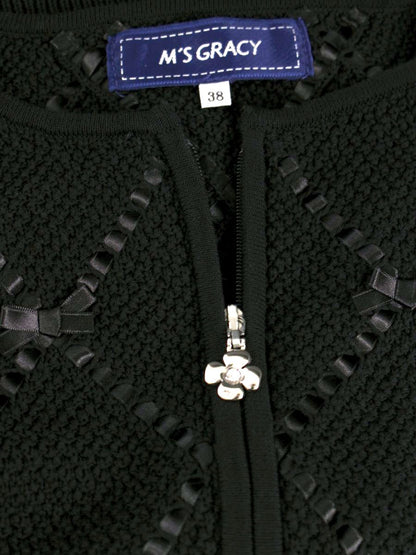 エムズグレイシー 818137 カーディガン 38 ブラック ジップアップ リボン ITS86AEXJOXG