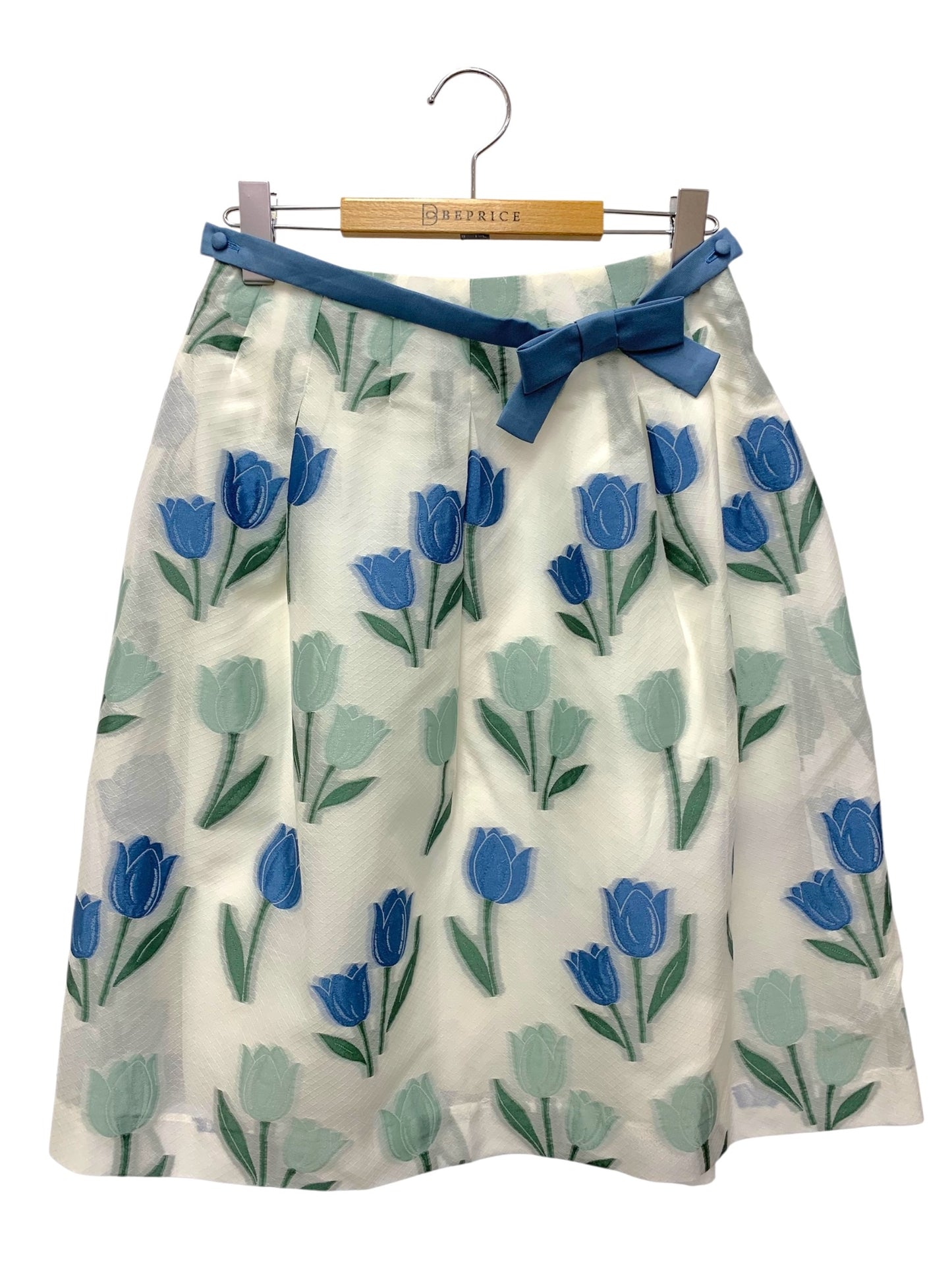 エムズグレイシー 917119 スカート 38 ホワイト チューリップ柄 リボン ITZ9NCNGO82D