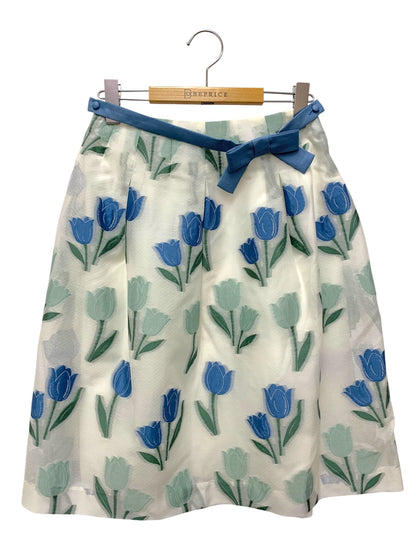 エムズグレイシー 917119 スカート 38 ホワイト チューリップ柄 リボン ITZ9NCNGO82D