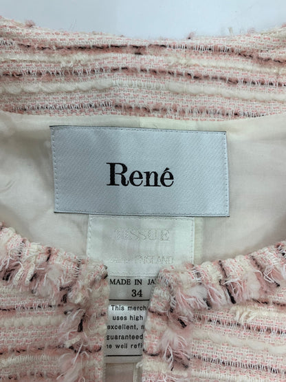 ルネ 6143250 ジャケット 34 ピンク TISSUE ツイード ノーカラー パール ダブルジップ ITXGQY055BVO