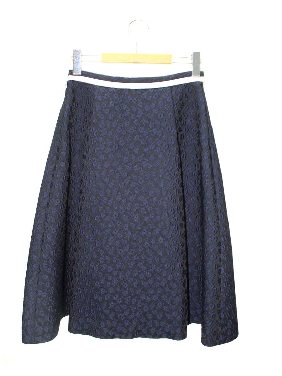 エムズグレイシー 017123 スカート 38 ネイビー フラワーモチーフ エンボス タックフレア ITOZLEJIFZAI