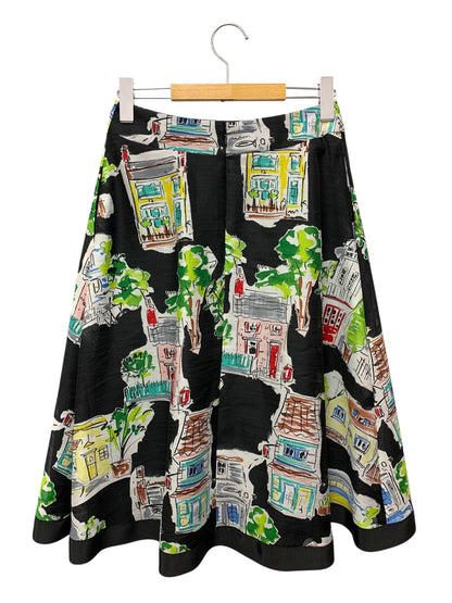 エムズグレイシー 517327 スカート 36 ブラック 街並みモチーフ フレア IT82FGQMCYH4