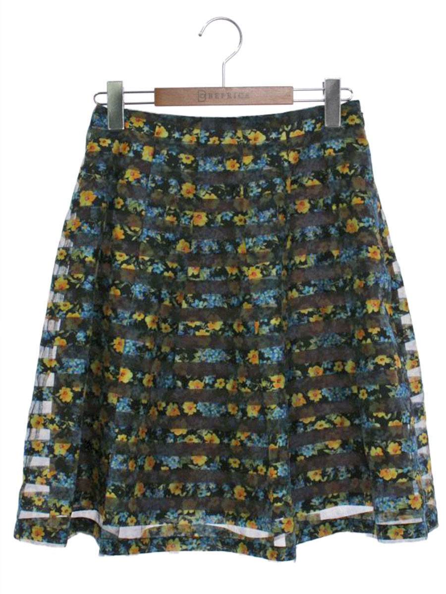 エムズグレイシー 917130 スカート 36 ブラック/マルチカラー オーガンジー フラワーモチーフ IT4HBDD3PNFS 【SALE】