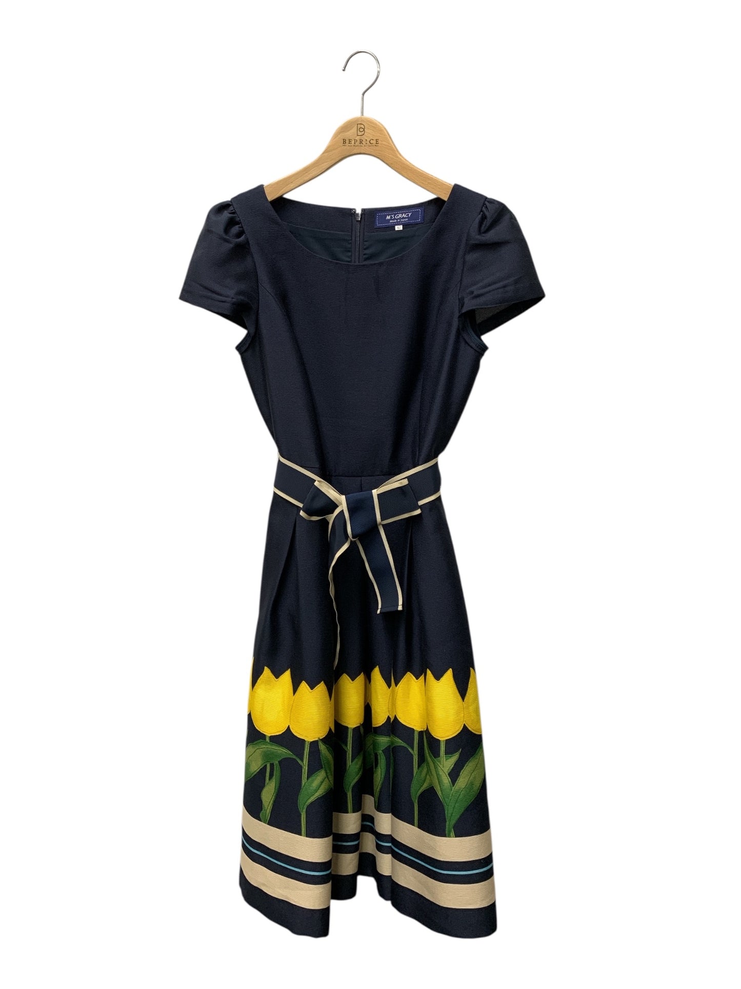 エムズグレイシー Tulip Motif Dress 811331 ワンピース 42 ネイビー タックフレア IT1V95GL80FK