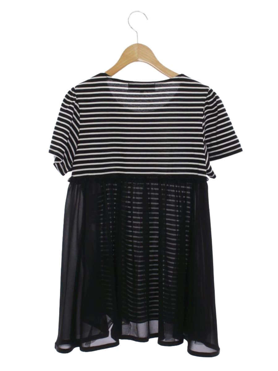 エムズグレイシー 015351 トップス 38 ブラック パール ストライプ リボン ITBXDRQSIZP0