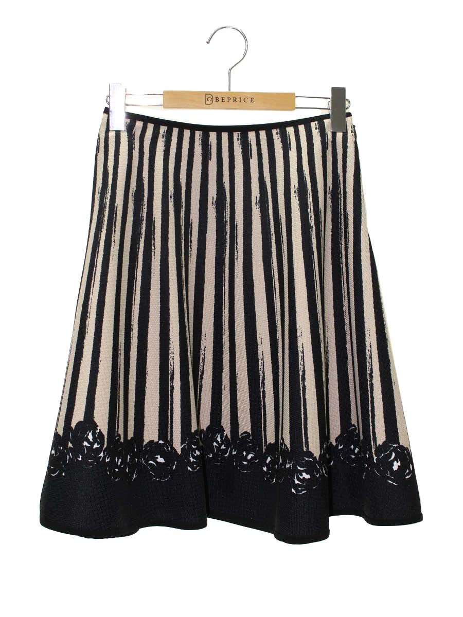 エムズグレイシー 527512 スカート 36 ベージュ/ブラック フラワーモチーフ ストライプ フレア IT7M3LZL5GIK