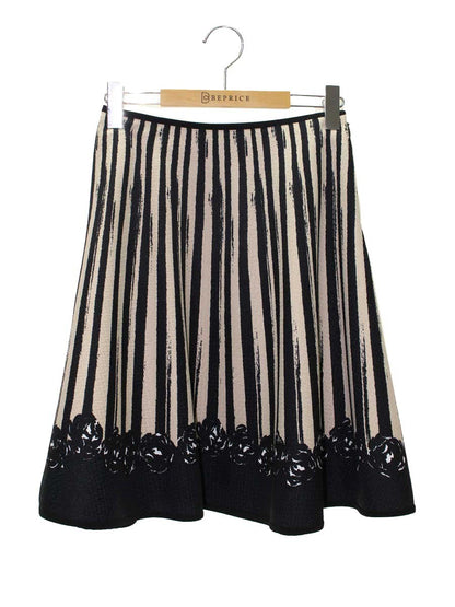 エムズグレイシー 527512 スカート 36 ベージュ/ブラック フラワーモチーフ ストライプ フレア IT7M3LZL5GIK