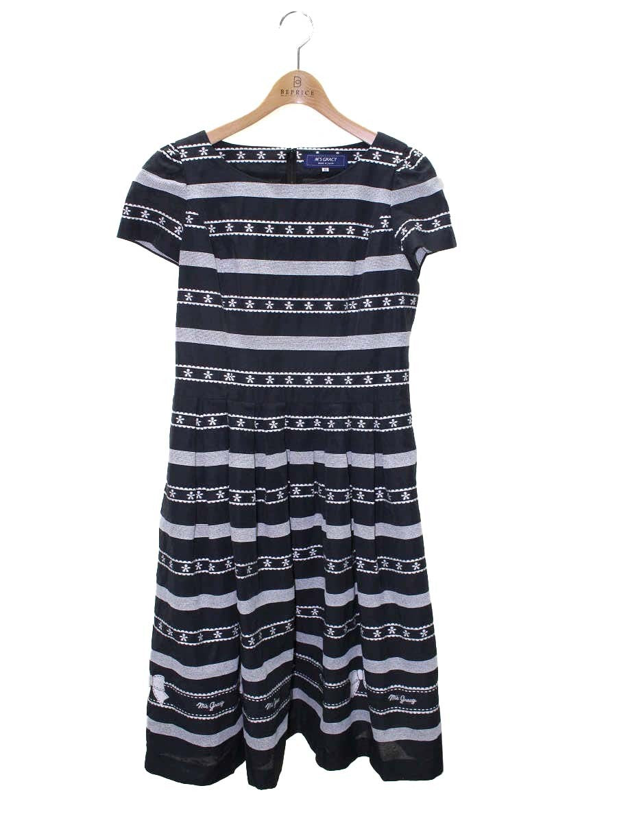 エムズグレイシー フラワーxリボン入りボーダージャガードワンピース 311302 40 ダークグレー IT0SBC2ASR9Y