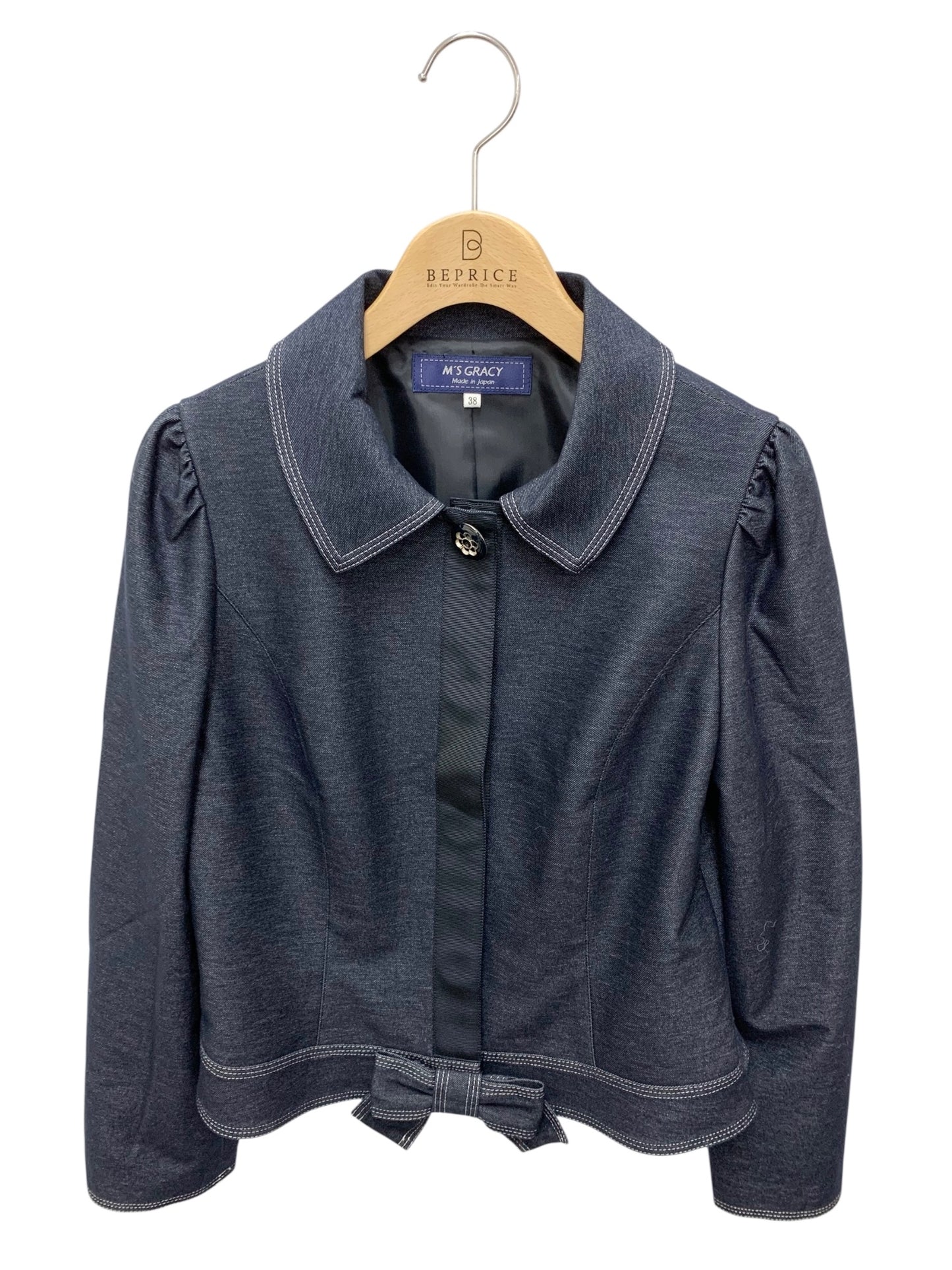 エムズグレイシー 314108 ジャケット 38 ネイビー フラワーボタン リボン ITGZ3KLLLQSC