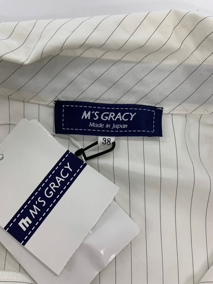エムズグレイシー 110325 ブラウス 38 ホワイト リボン パールボタン ストライプ ITRI412VVULW