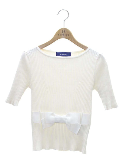 エムズグレイシー 018518 セーター トップス 38 ホワイト リボン リブニット IT3GKQPTJWJ6