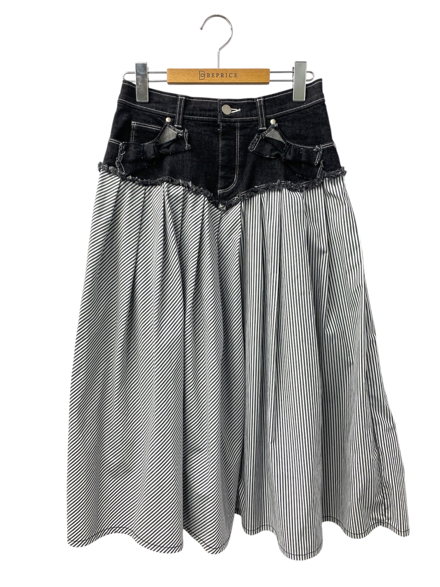 エムズグレイシー Denim x Stripe Skirt 017137 デニムスカート 38 ブラック ストライプ リボン IT5H1E189F7H