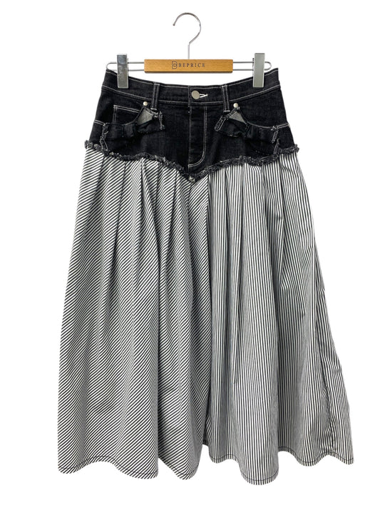 エムズグレイシー Denim x Stripe Skirt 017137 デニムスカート 38 ブラック ストライプ リボン IT5H1E189F7H