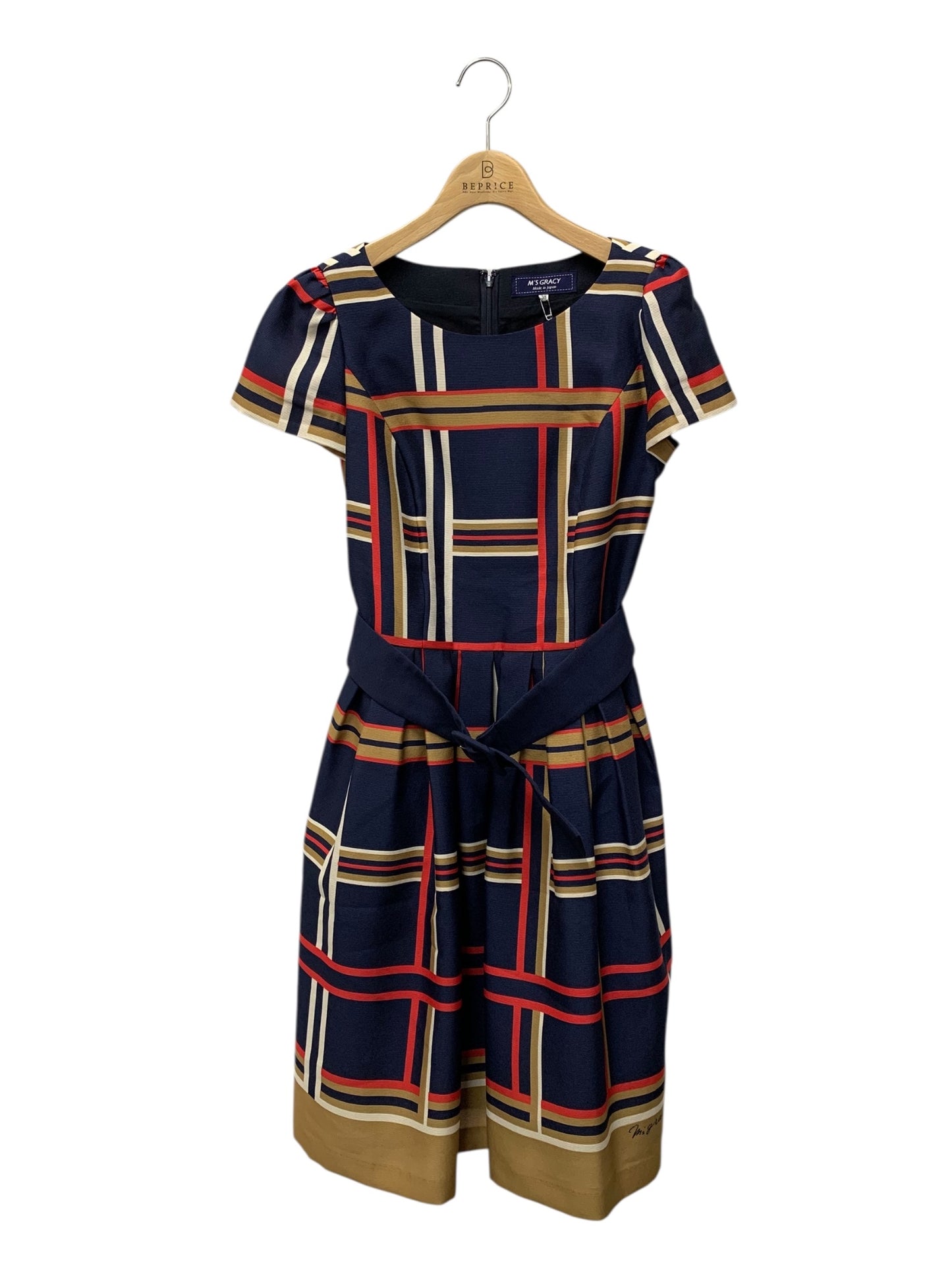 エムズグレイシー 111307 ワンピース 38 ネイビー マリンチェックワンピース IT6DGZWOBOD3