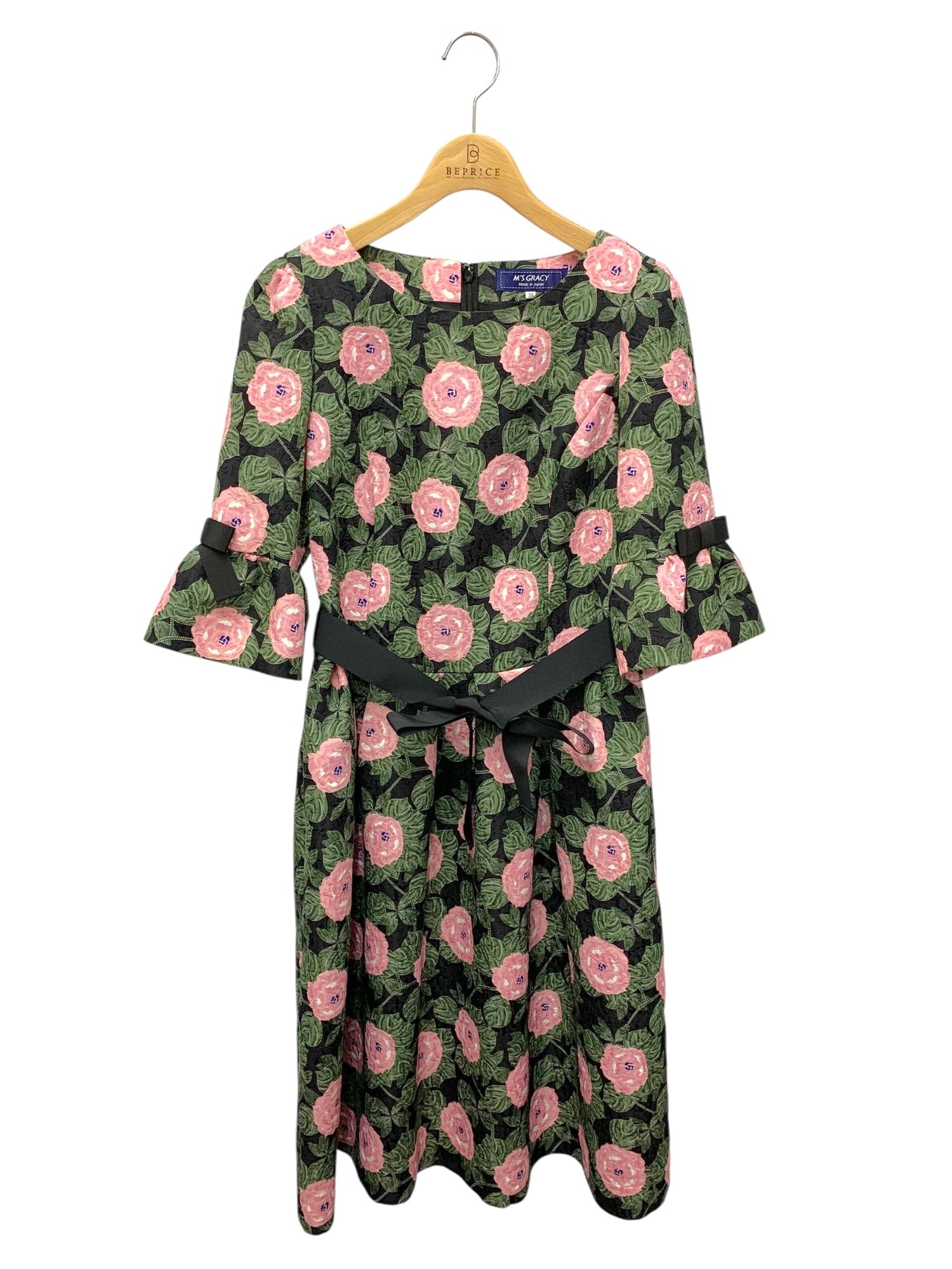 エムズグレイシー ロングワンピース ウエストリボン 花柄 ティアード 黒 38 花柄ジャガードリボンティアードワンピース[fo1899