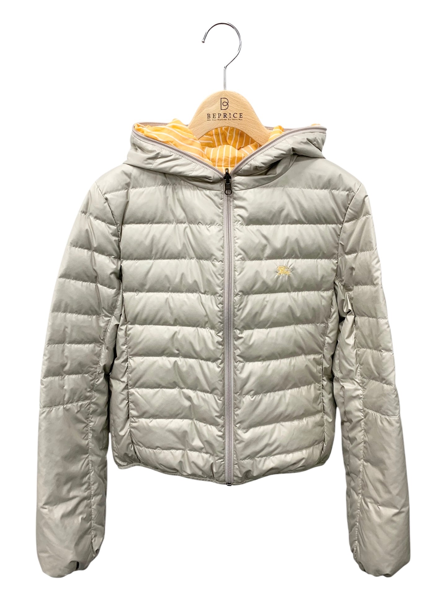 バーバリーブルーレーベル ダウンジャケット 38 グレー リバーシブル ストライプ フード付き ITTZ4U8MBIJA