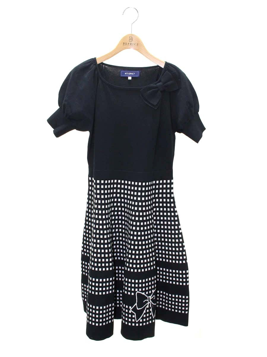 エムズグレイシー 018338 ワンピース 38 ブラック/ホワイト フィット＆フレアニット リボン ITCNWYVQWDIO