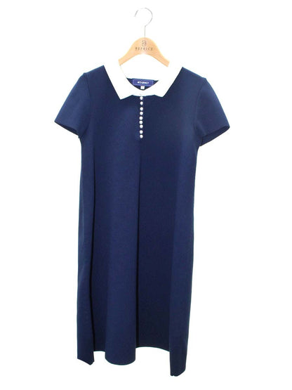 エムズグレイシー 018345 ワンピース 38 ネイビー ボリュームスリーブニット パール IT6JM7YJB4OF